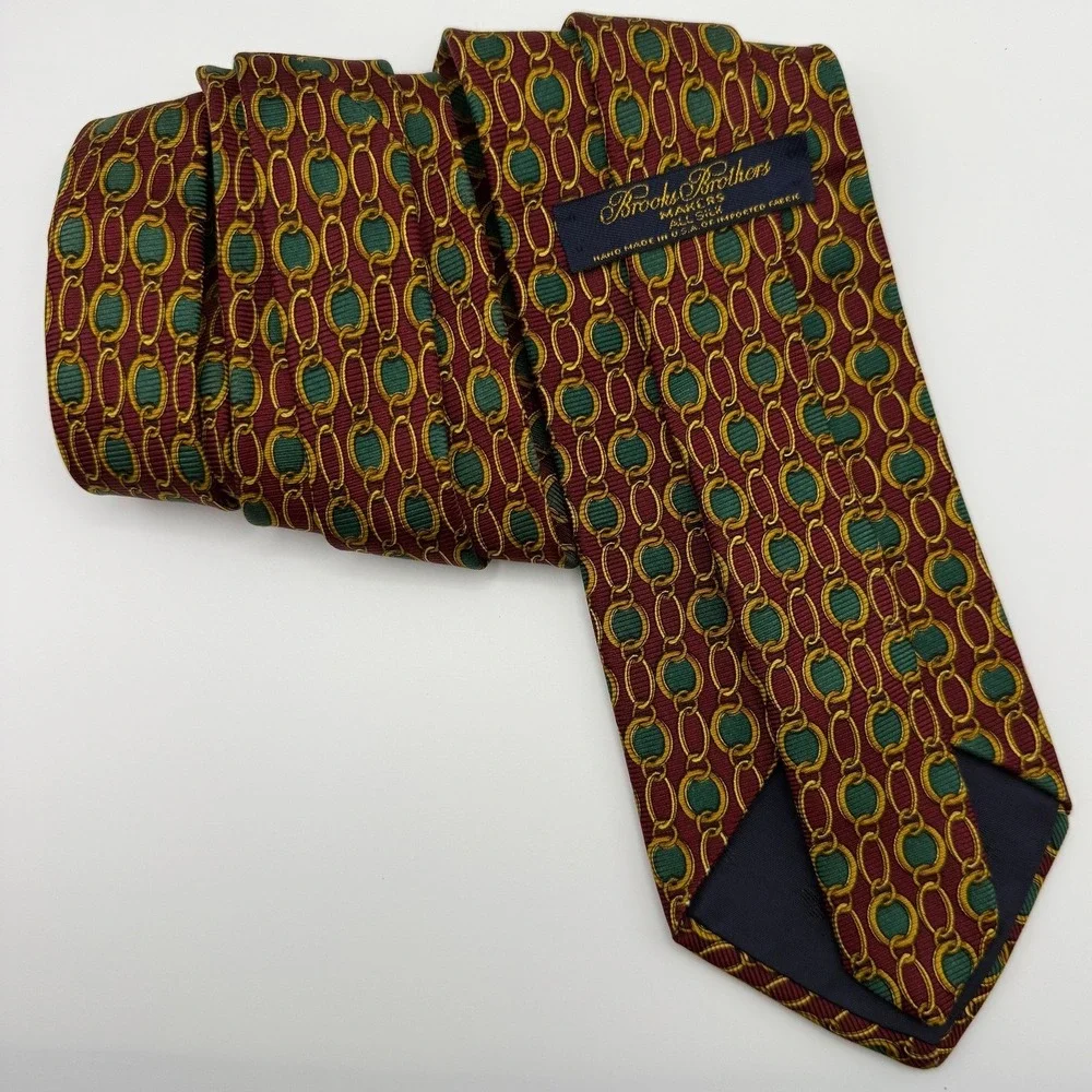 Brooks Brothers Silk Tie OS Burgundy Green Gold Chain Link Preppy Old Money USA